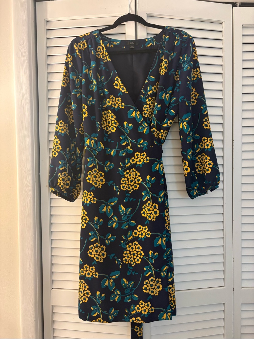 J. Crew Navy Wrap Dress with Yellow Floral Print